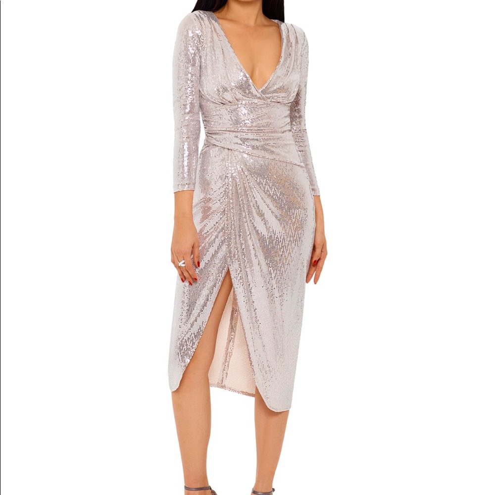 SOLD! Betsy & Adam metallic faux-wrap midi dress.